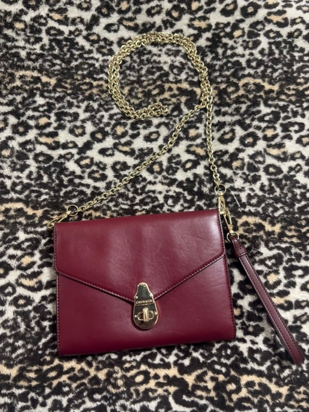 Calvin Klein Burgundy Leather Crossbody with Gold Chain Strap